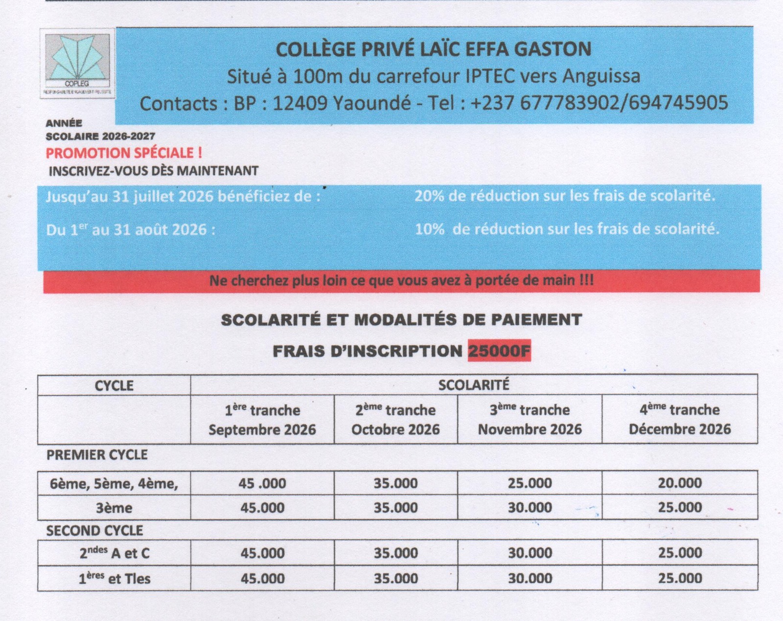 Grille officielle de scolarité et modalités de paiement du COPLEG, année scolaire 2026-2027
